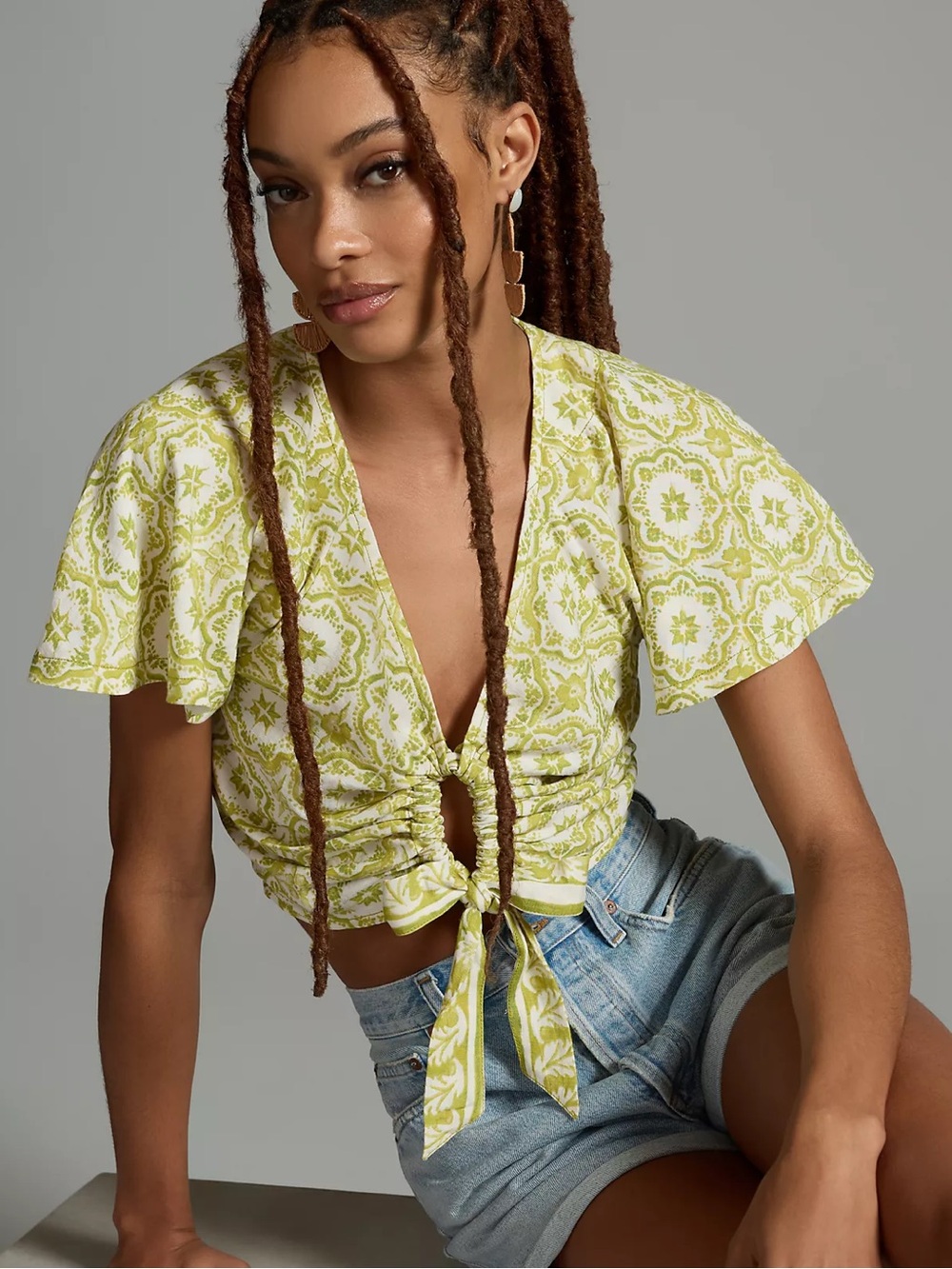 Anthropologie Pilcro Linen Flutter-Sleeve Crop Top Lime Green and White